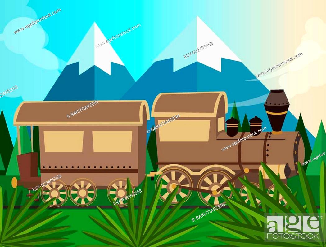Stock Vector: old train steam vector locomotive cartoon in jungle green drawing.
