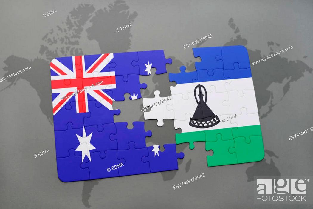 Stock Photo: puzzle with the national flag of australia and lesotho on a world map background. 3D illustration.