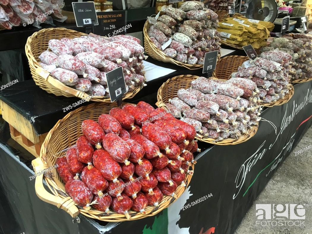 Stock Photo: Italian salami sausage at the International Street Market i Ystad, Sweden.