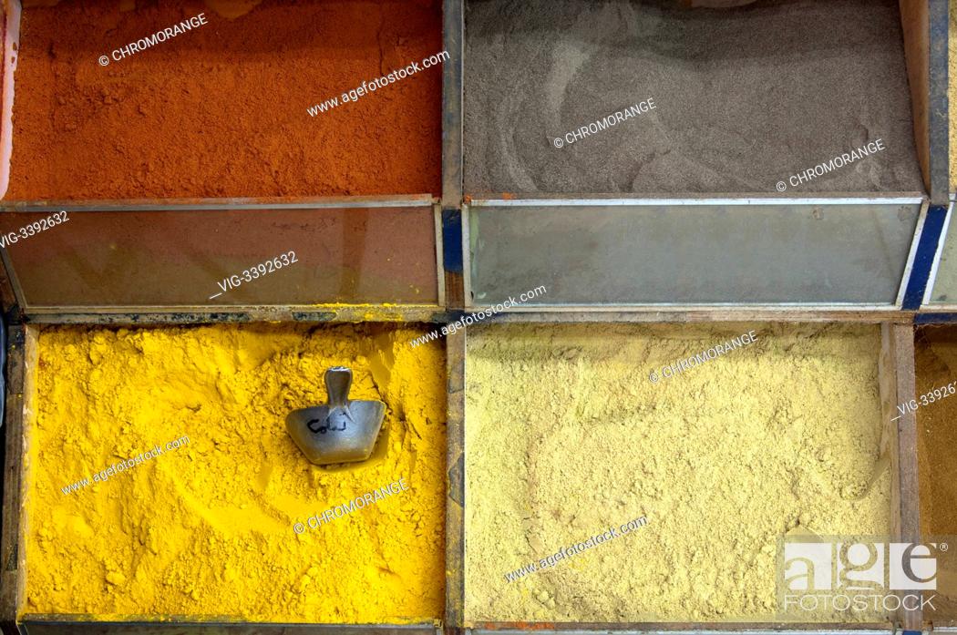 Stock Photo: Colourful spice powders on a local market in Dubai, United Arab Emirates - Dubai, Dubai, United Arab Emirates, 11/12/2007.