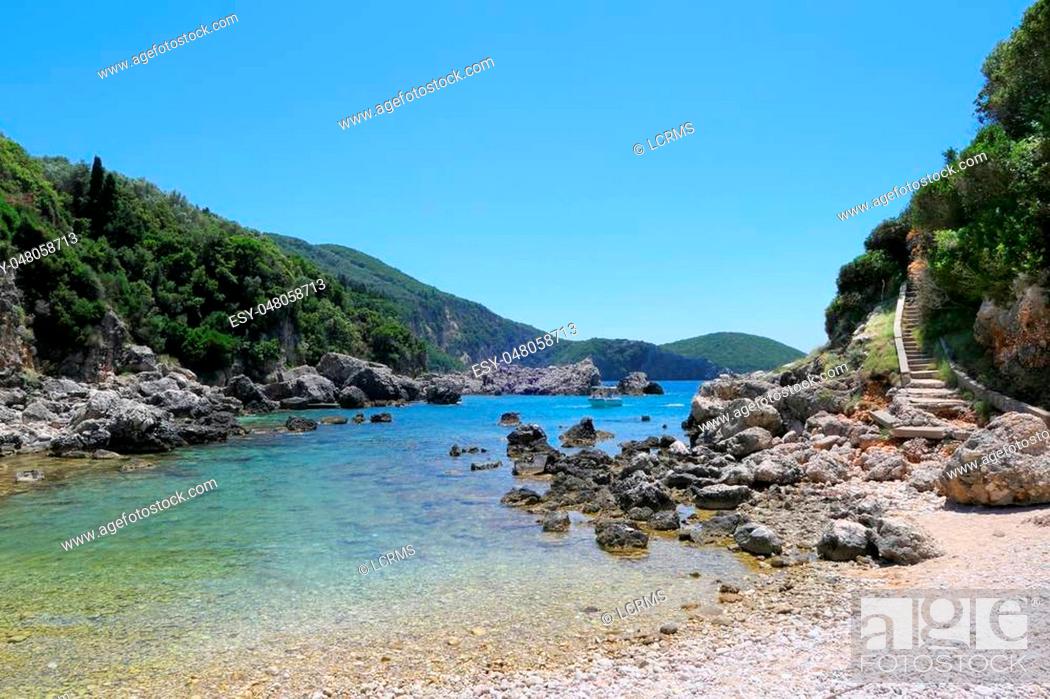 Stock Photo: seascape of corfu island at paradise beach part Limni Glyko beach next to Liapades village. chalk rocks along the cliff.
