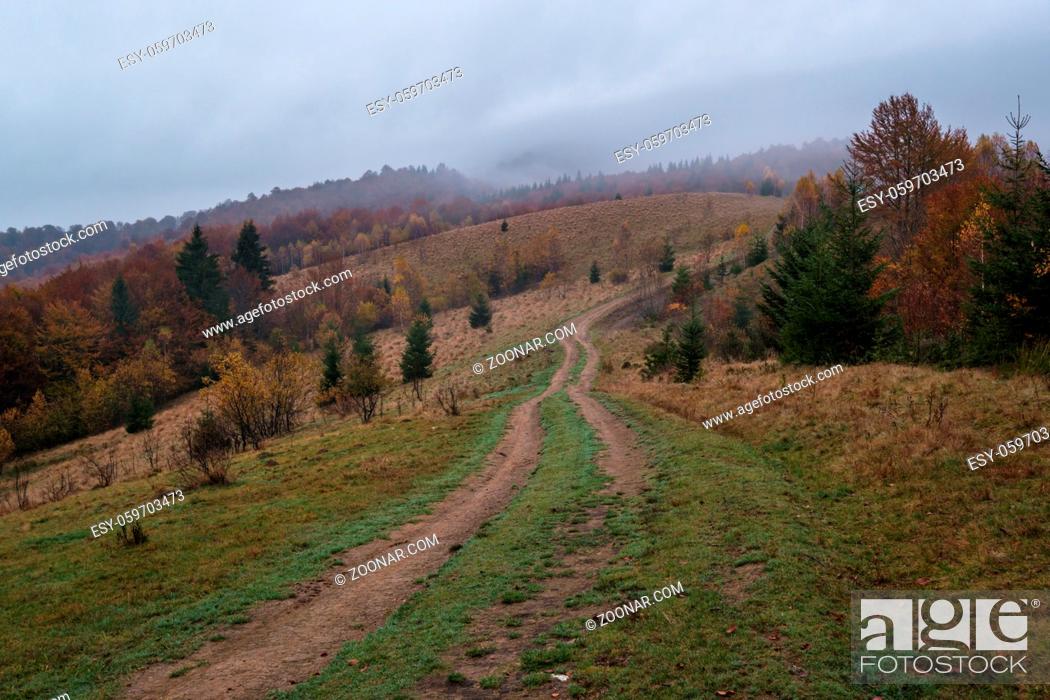 Stock Photo: Hazy and overcast early morning in autumn Carpathian Mountains and dirty countryside path, Ukraine.