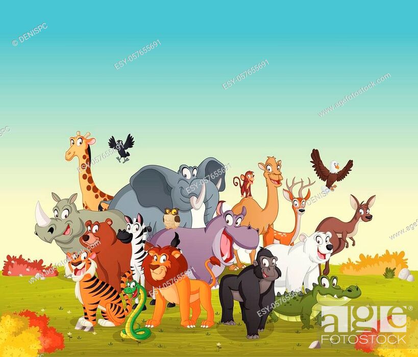 Group of cartoon animals on green park. Vector illustration of funny happy  animals, Stock Vector, Vector And Low Budget Royalty Free Image. Pic.  ESY-057655691 | agefotostock