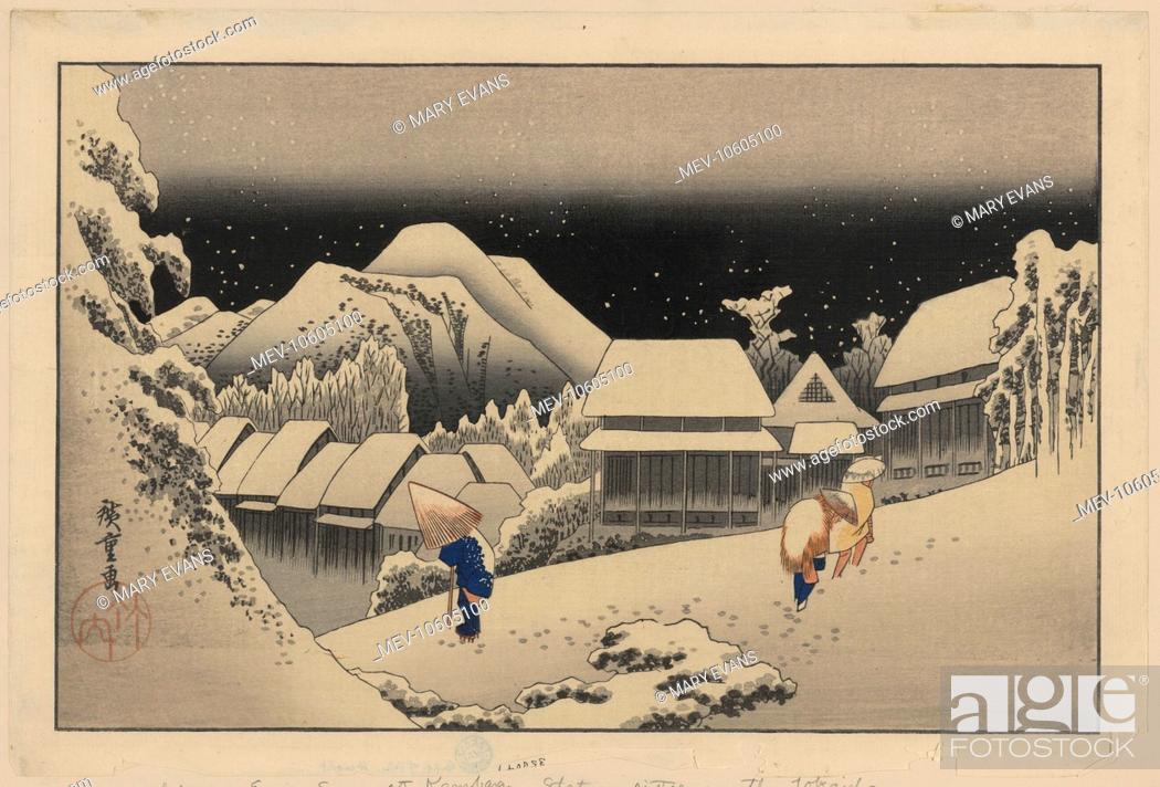 Stock Photo: Kanbara. Print shows travelers walking in the snow at night at the Kanbara station on the Tokaido Road. Date between 1833 and 1836, printed later.