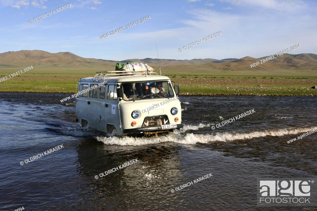 Stock Photo: Van crossing River Orchon.