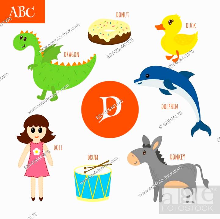 Letter D. Cartoon alphabet for children. Duck, drum, dolphin, doll, donkey,  dragon, donut, Stock Vector, Vector And Low Budget Royalty Free Image. Pic.  ESY-026441370 | agefotostock
