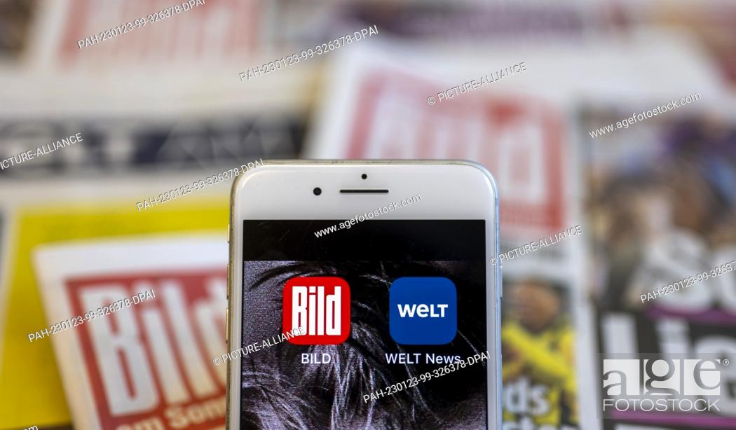 Stock Photo: ILLUSTRATION - 23 January 2023, Berlin: The apps of the newspapers ""Bild"" and ""Die Welt"" can be seen on the screen of a smartphone.