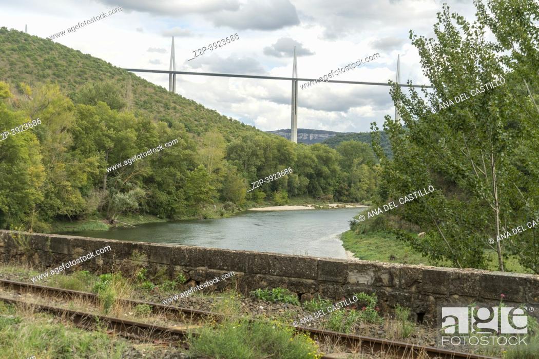 Stock Photo: MILLAU AVEYRON FRANCE: Viaduc de Millau, crossing the Tarn Valley in the Larzac region of France. One of the world s highest bridges.