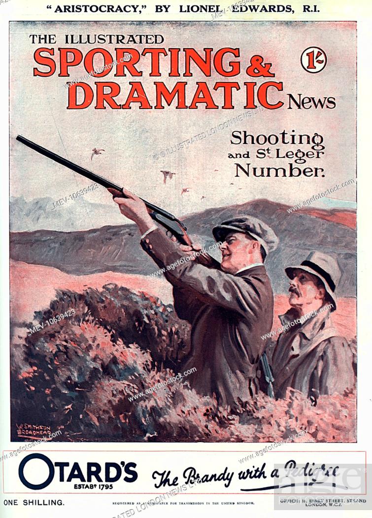 Stock Photo: Front cover of The Illustrated Sporting and Dramatic News Shooting and St Leger Number, showing two men enjoying a grouse shoot on the moors.