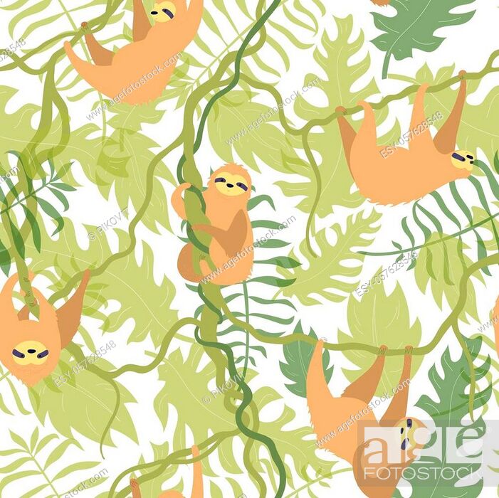 Vector seamless pattern illustration of cute character sloth with jungle  leaves, Stock Vector, Vector And Low Budget Royalty Free Image. Pic.  ESY-057628548 | agefotostock