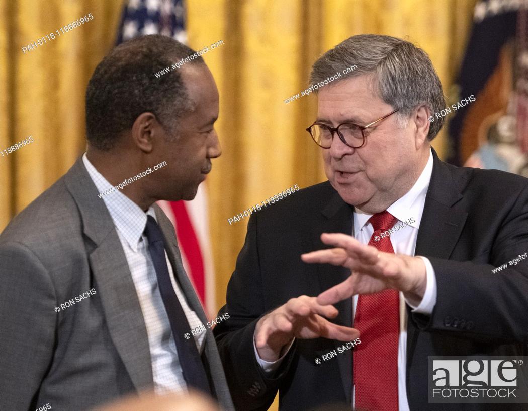 Stock Photo: United States Secretary of Housing and Urban Development (HUD) Ben Carson and US Attorney General William P. Barr in conversation prior to US President Donald J.