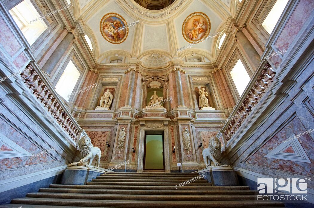 Stock Photo: The Baroque Honour Grand Staircase entrance to the Bourbon Kings of Naples Royal Palace of Caserta, Italy.
