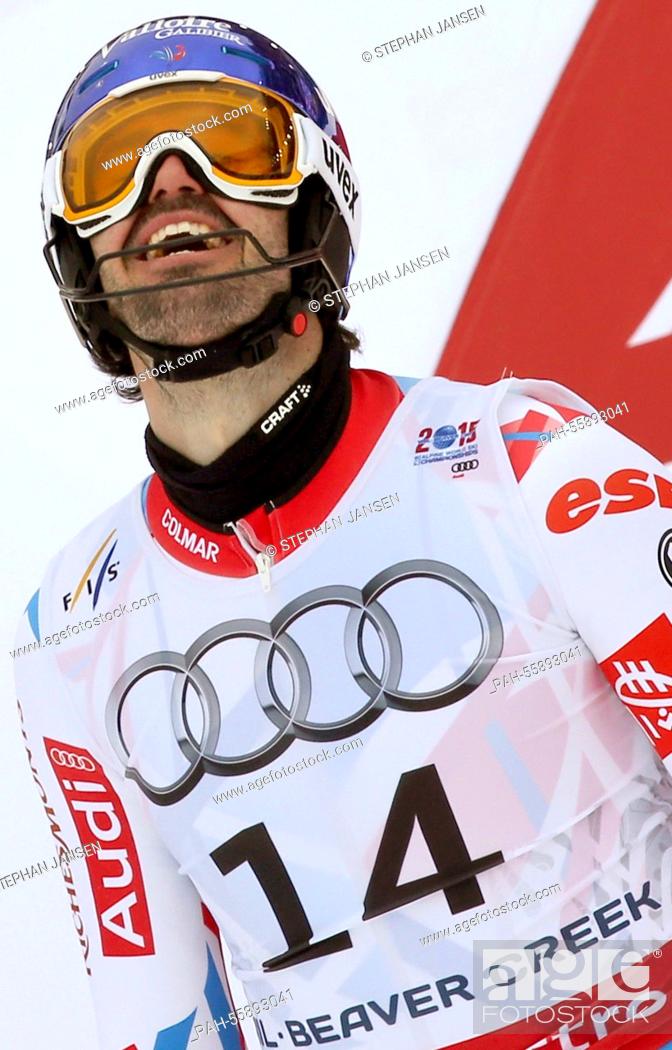 Stock Photo: Jean-Baptiste Grange of France reacts after the first run of the mens slalom at the Alpine Skiing World Championships in Vail - Beaver Creek, Colorado, USA.