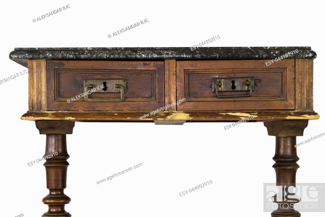 Stock Photo: Vintage Marble Top Wooden Desk With Drawers Isolated On White Background.