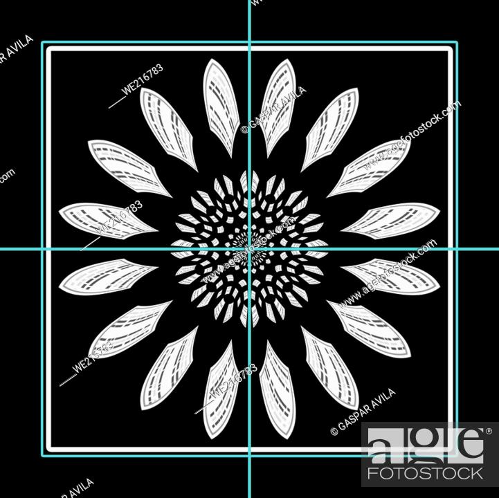 Vecteur de stock: Framed geometric daisy in black and white, with some cyan geometric elements.