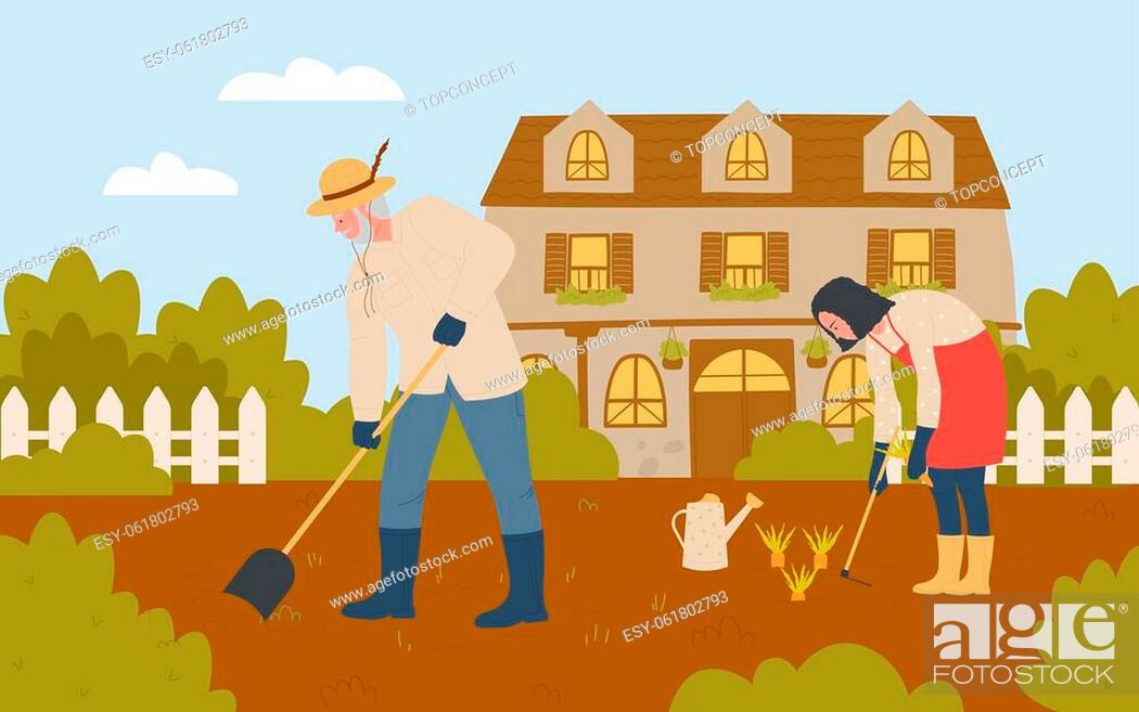 People farmers work in farm garden vector illustration. Cartoon gardener  characters in rubber boots..., Stock Vector, Vector And Low Budget Royalty  Free Image. Pic. ESY-061802793 | agefotostock