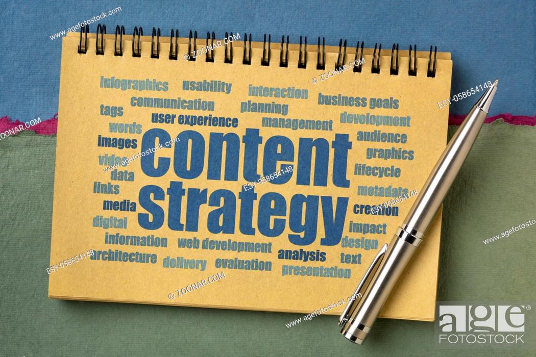 Stock Photo: content strategy word cloud in an art sketchbook, creativity and business concept.