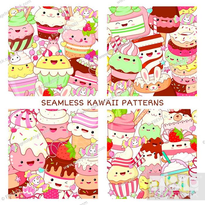 Set of seamless patterns with cute sweet desserts in kawaii style with  smiling face, Stock Vector, Vector And Low Budget Royalty Free Image. Pic.  ESY-058630001 | agefotostock