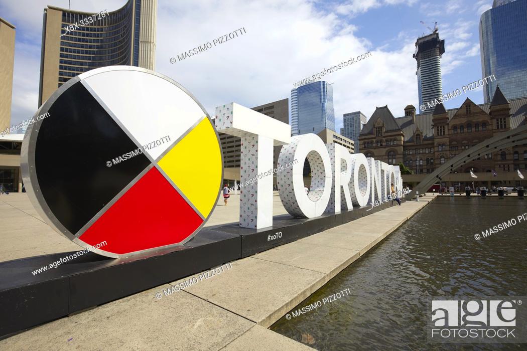 Stock Photo: Toronto fountain sign in Nathan Phillips Square, Toronto, Canada.
