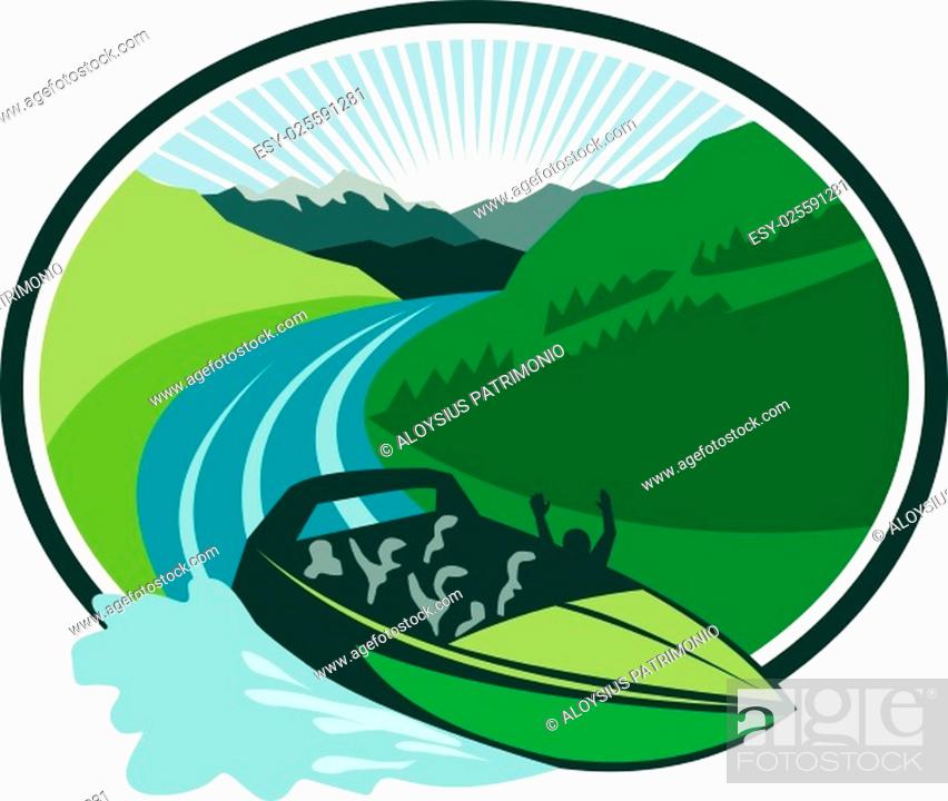 Vector: Illustration of a jetboat speeding on river with canyon and mountain in the background set inside oval shape done in retro style.