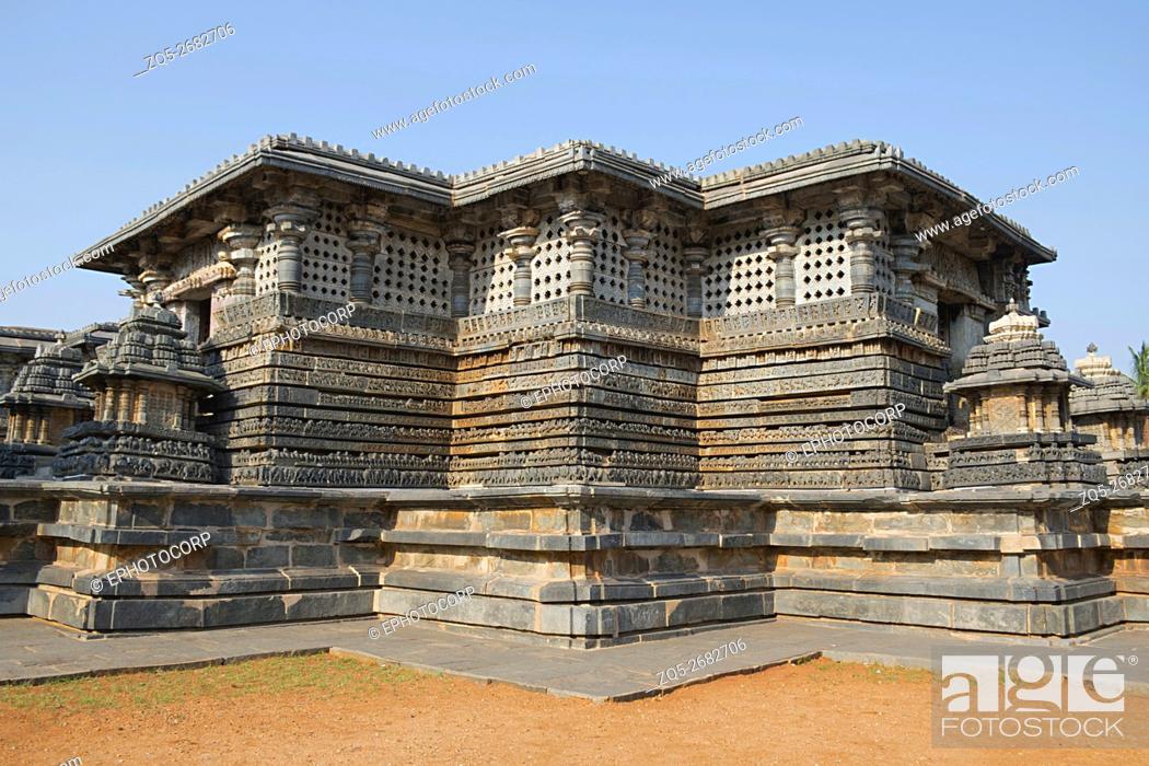 Stock Photo: View of stellate form of shrine outer wall at the Hoysaleshwara Temple, Halebid, Karnataka, india. View from North East.