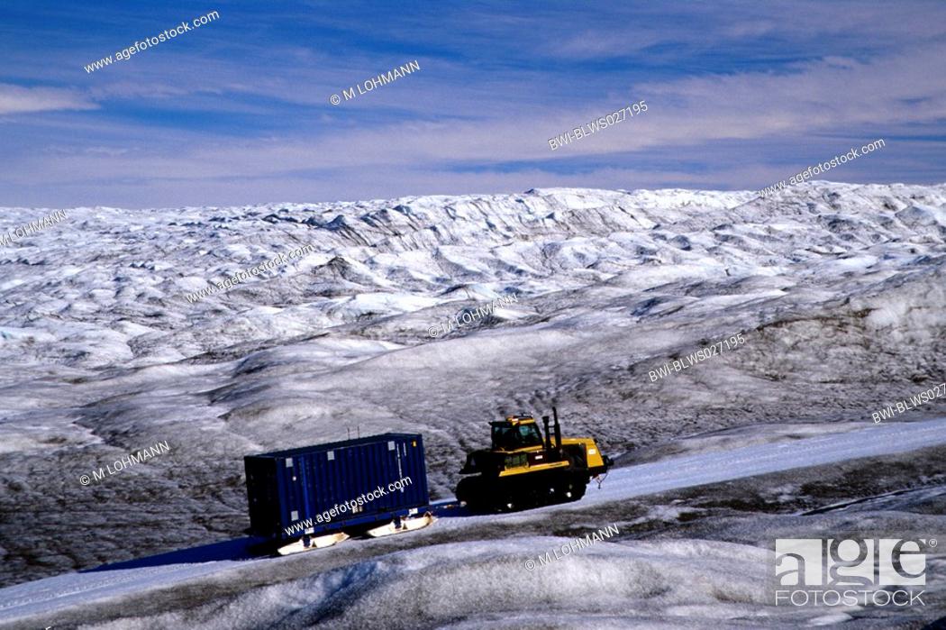Stock Photo: transporting a container over car testing road through inland ice.