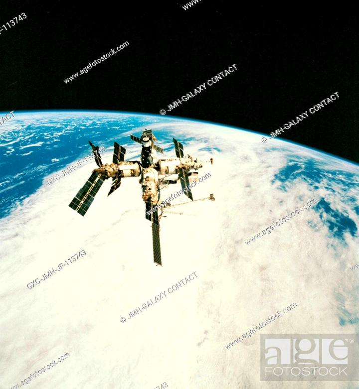 Stock Photo: A series of 70mm still shots was recorded of Russia's Mir Space Station from the Earth-orbiting space shuttle Endeavour following undocking of the two.