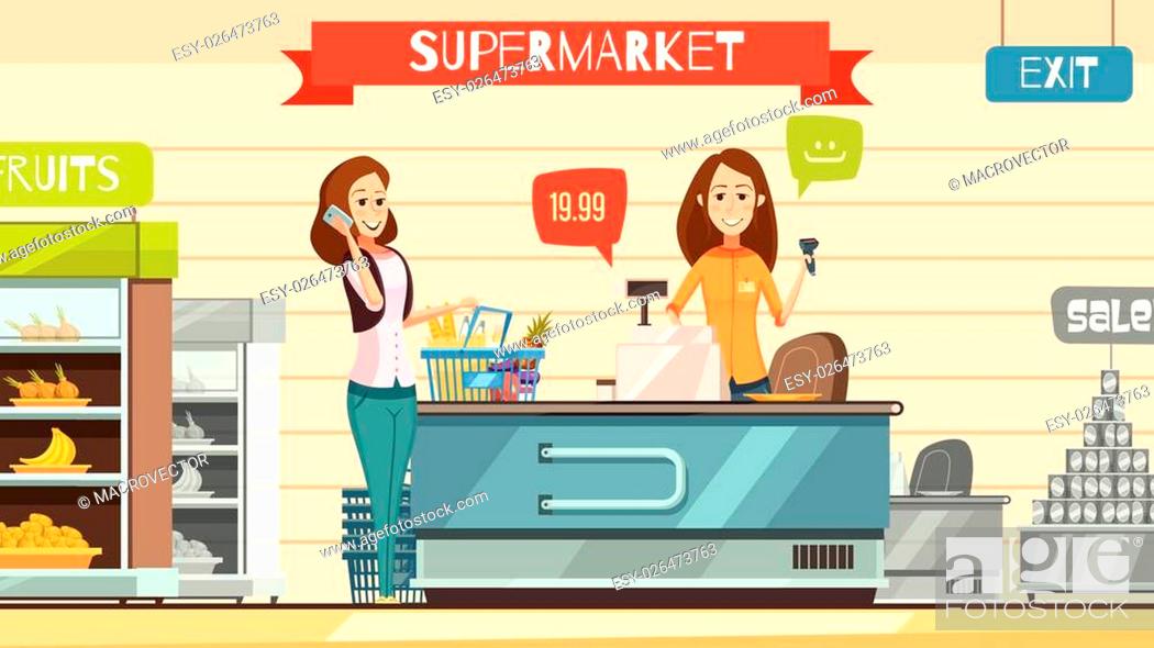 Supermarket store cashier and customer with grocery basket at cash register  retro cartoon poster..., Stock Vector, Vector And Low Budget Royalty Free  Image. Pic. ESY-026473763 | agefotostock