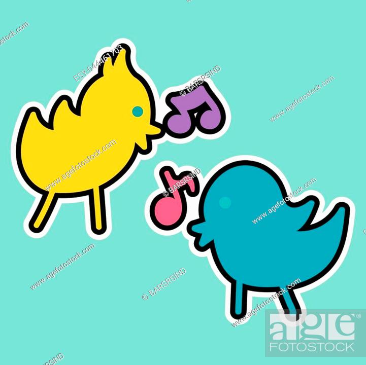 Vector Romantic Love Patch in doodle cartoon style. Birds couple sings song,  Stock Vector, Vector And Low Budget Royalty Free Image. Pic. ESY-044461703  | agefotostock