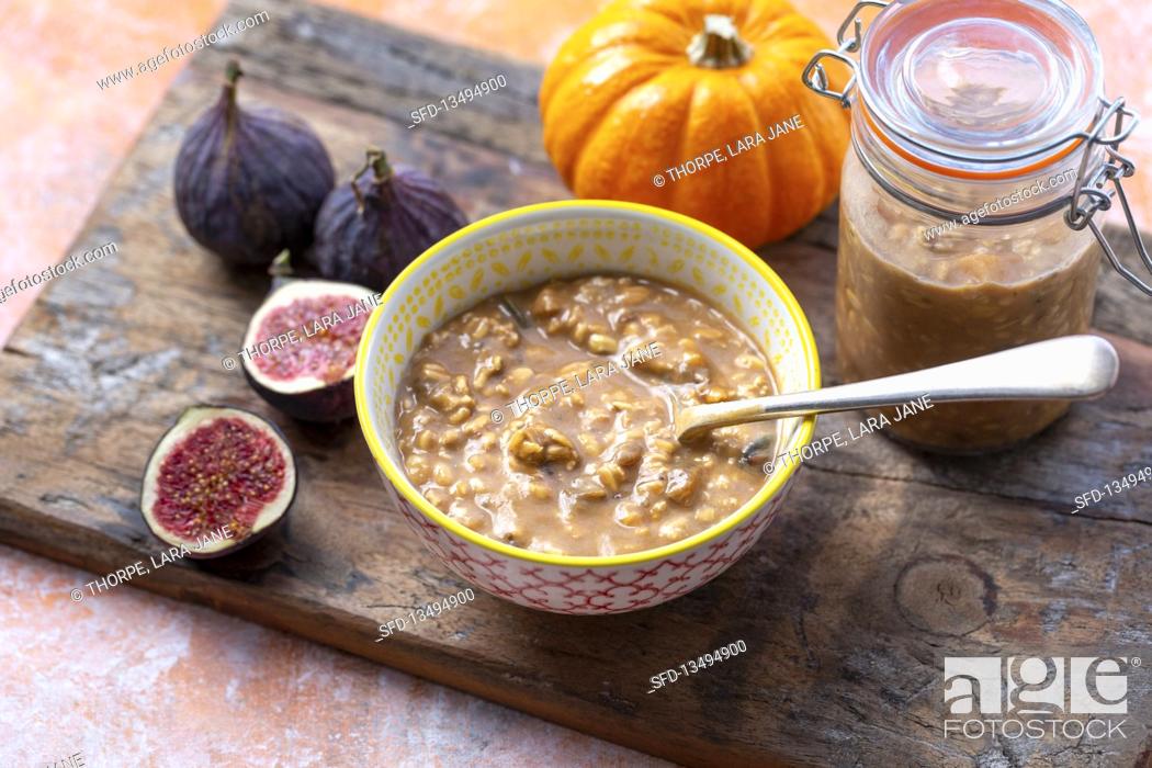 Stock Photo: Pumpkin fruity overnight oats with figs.