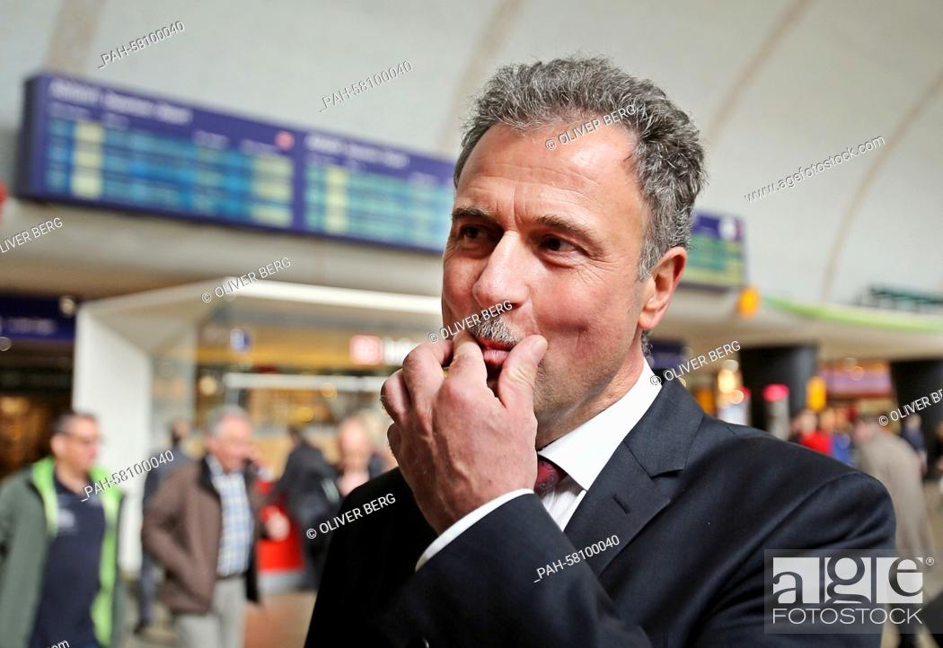 Stock Photo: The chairman of the German train drivers' union GDL, Claus Weselsky, during a strike rally at the main train station in Cologne, Germany, 06 May 2015.