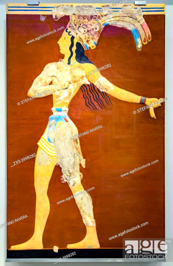 Stock Photo: The ""prince of the Lilies"", an emblematic image of Minoan Crete, was part of a larger mural composition in nhigh relief.