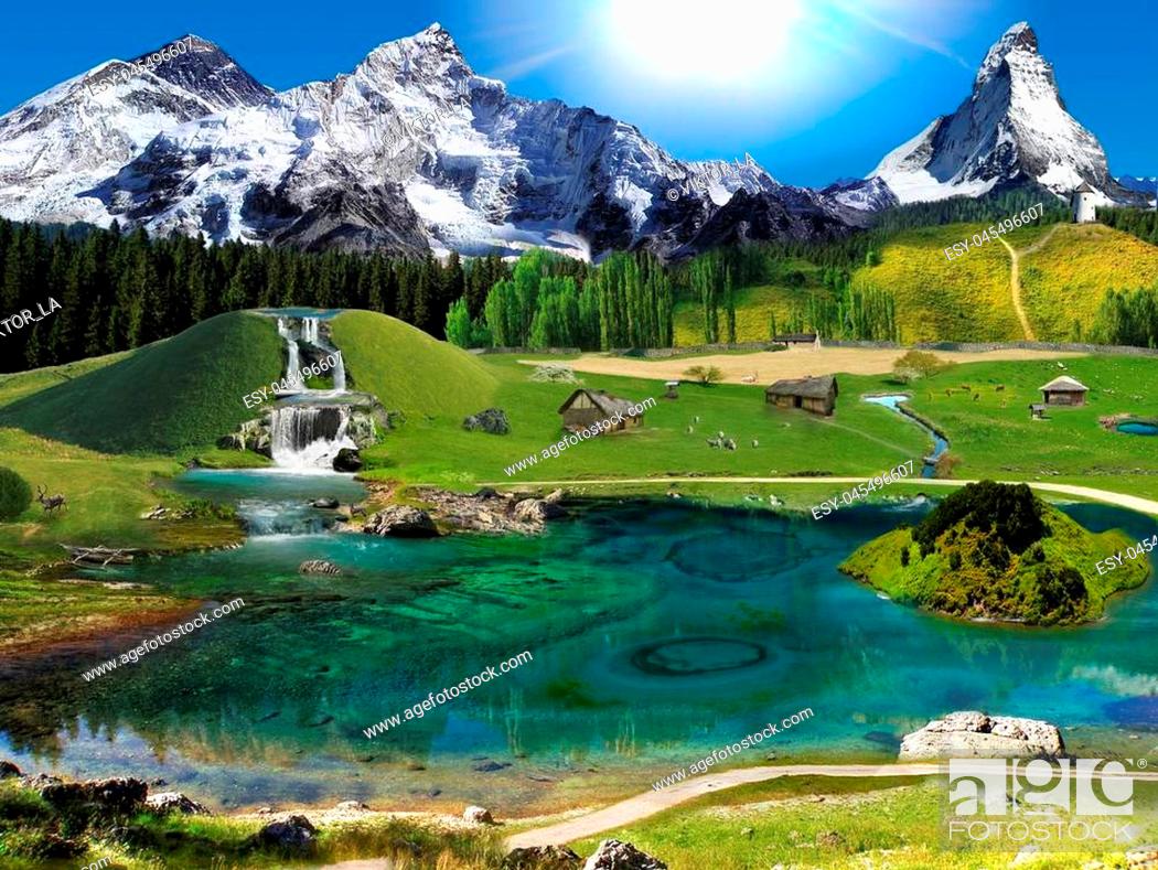 Stock Photo: Mountain village settlement. Sunny morning. Waterfalls, ponds and a lake.