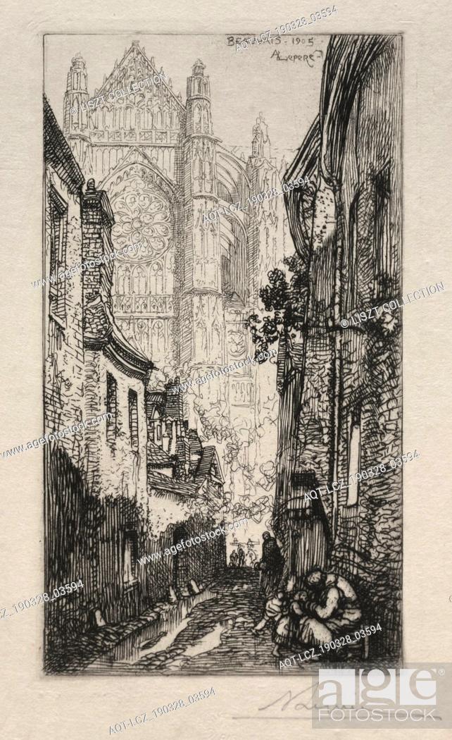Stock Photo: Narrow Street, Beauvais (Une Ruelle, Beauvais), 1905. Auguste Louis Lepère (French, 1849-1918). Etching.