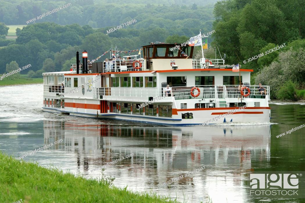 Stock Photo: Excursion boat on the Weser between Bad Karlshafen and Höxter, Lower Saxony, Germany.