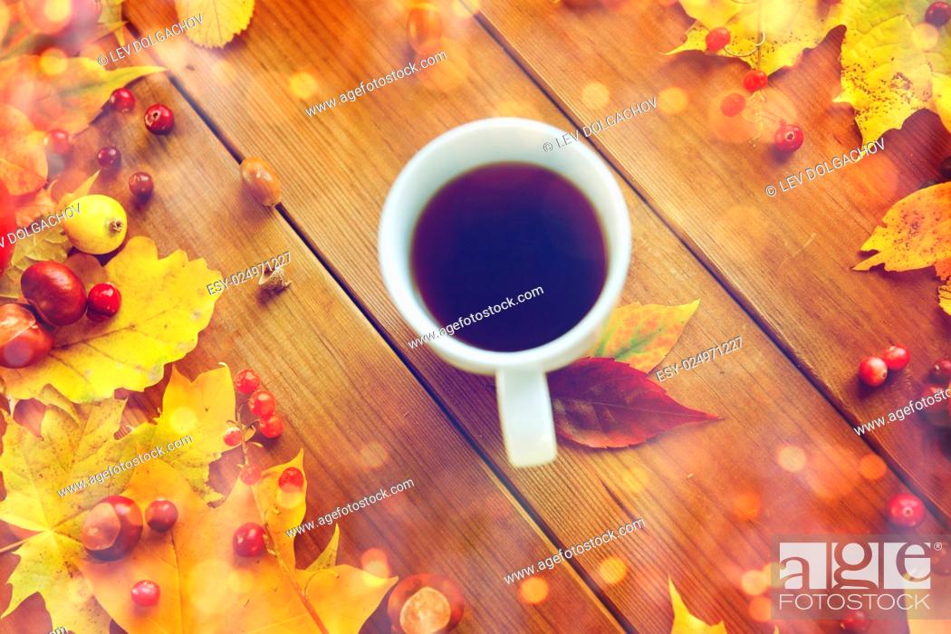Stock Photo: season, drink and morning concept - close up of tea cup on wooden table with autumn leaves.