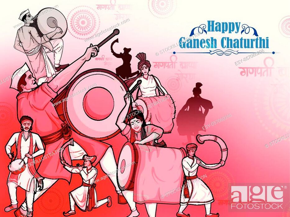 Happy Ganesh Chaturthi festival celebration of India with people  celebrating dhol tasha with text in..., Stock Vector, Vector And Low Budget  Royalty Free Image. Pic. ESY-057060296 | agefotostock