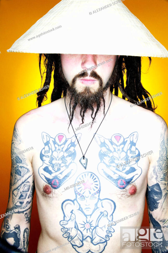 Man, beard, Dreadlocks, hat Chinese, Sun glass, seriously, upper bodies free, Tattoos, Halbporträt, Stock Photo, Picture And Rights Managed Image. Pic. MB-03834518