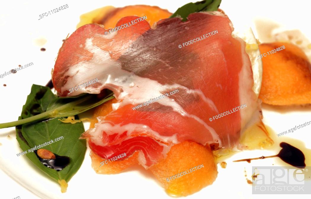 Stock Photo: Smoked ham with fennel, melon and mozzarella.