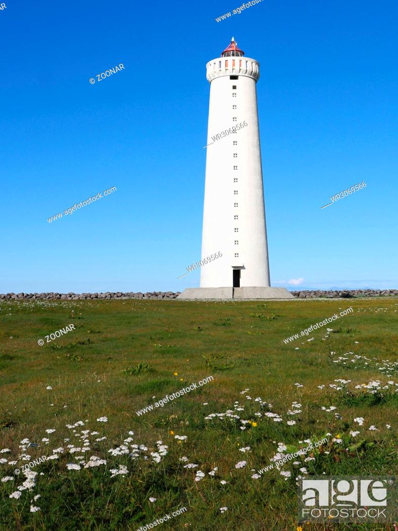 Stock Photo: The new lighthouse of Gardur at the southwest coast of Iceland.