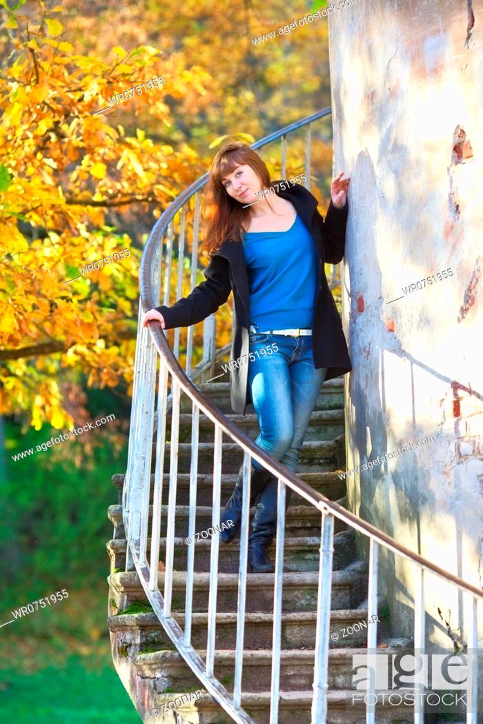 Stock Photo: Girl on Tower Stairway.