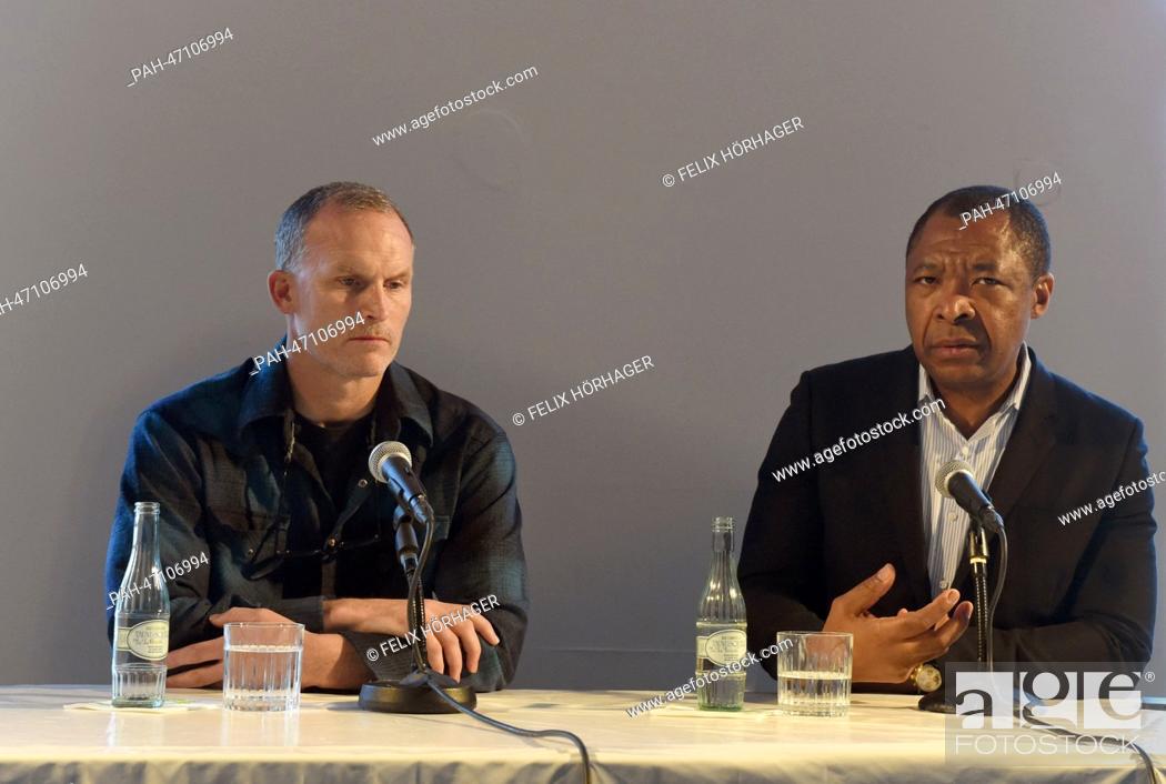 Stock Photo: US American artist Matthew Barney (L) and director of Haus der Kunst Munich Okwui Enwezor sit during a press conference about his exhibition ""Matthew Barney:.