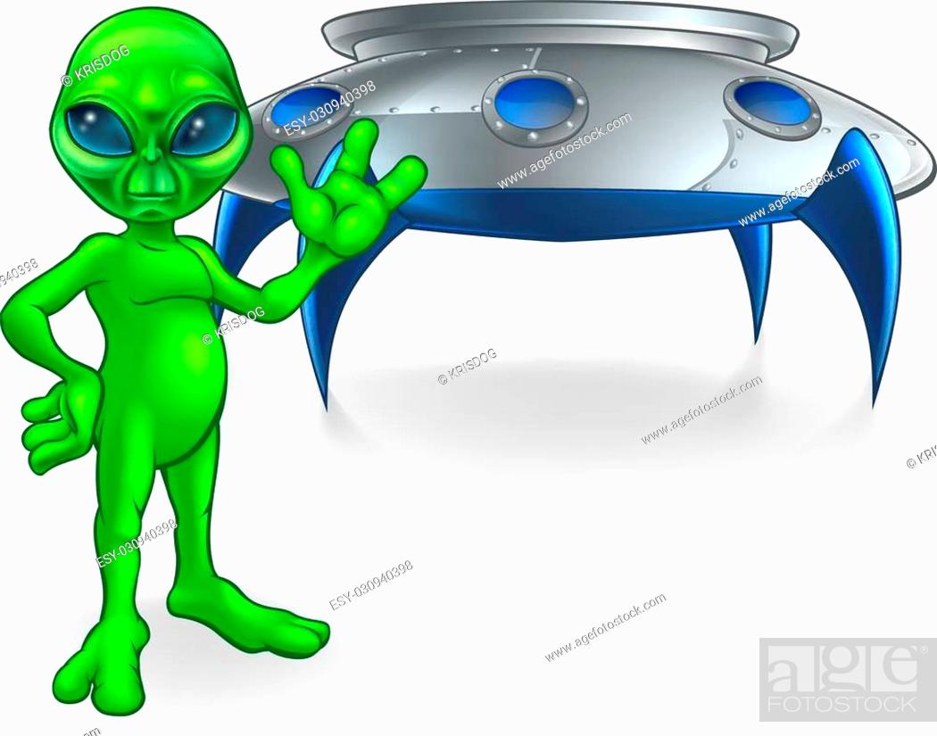 A little green man alien cartoon character waving in front of his flying  saucer spaceship, Stock Vector, Vector And Low Budget Royalty Free Image.  Pic. ESY-030940398 | agefotostock