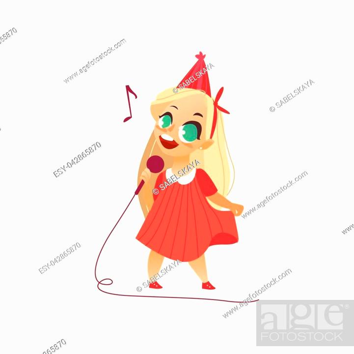 vector flat cartoon girl kid singing at microphone standing alone in pink  dress party hat, Stock Vector, Vector And Low Budget Royalty Free Image.  Pic. ESY-042865870 | agefotostock