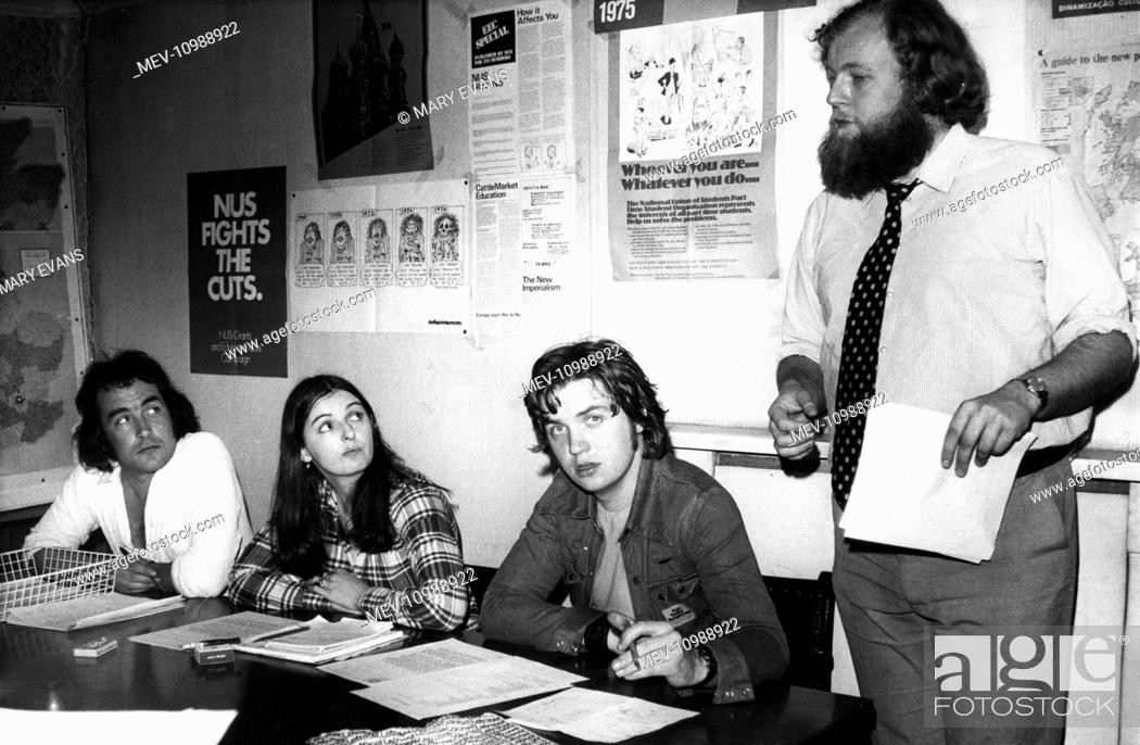 Stock Photo: NUS President Charles Clarke (standing, b.1950, later a Labour MP and Cabinet Minister)) with NUS executive colleagues, from left to right, Alastair Stewart (b.