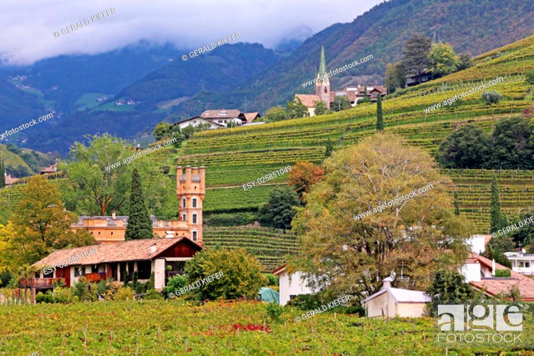 Stock Photo: Green, Red, Building, Landscape, Colors, Colorful, Yellow, Traditional, Historic, Culture, Italy, Autumn, Protection, Tower, Coloured, October, September, Monument, Foliage, Gorgeous, Wine, Climate, Saint, Peter, Vine, Vineyard, Cultivation, Colouring, Richly, Viticulture