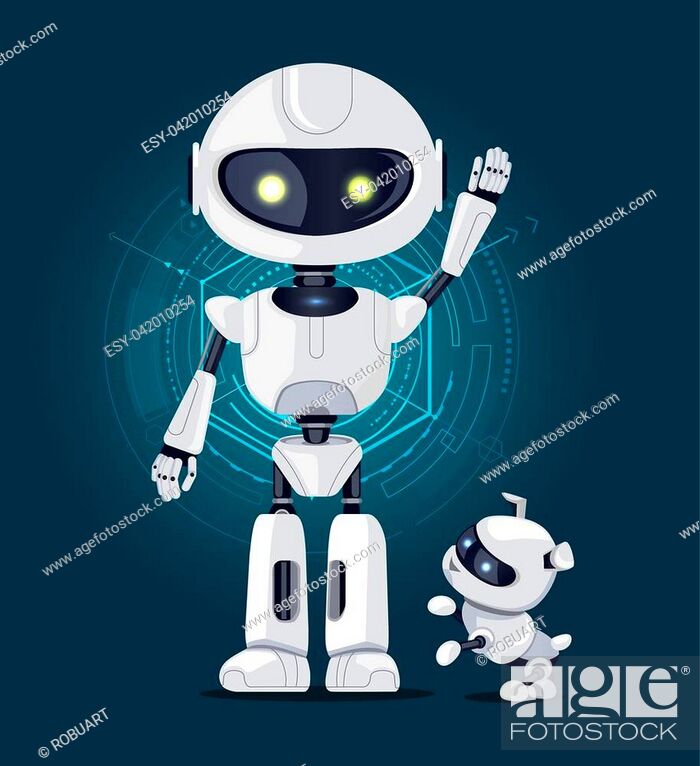 Robot with raised hand and white eyes, and robotic dog ready to play with  master, Stock Vector, Vector And Low Budget Royalty Free Image. Pic.  ESY-042010254 | agefotostock