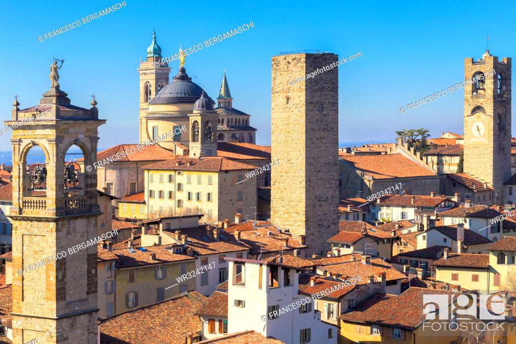 Stock Photo: Tower of San Pangrazio, Torre del Gombito, Sant'Alessandro Cathedral (Duomo) and Civic Tower, Bergamo, Lombardy, Italy, Europe.