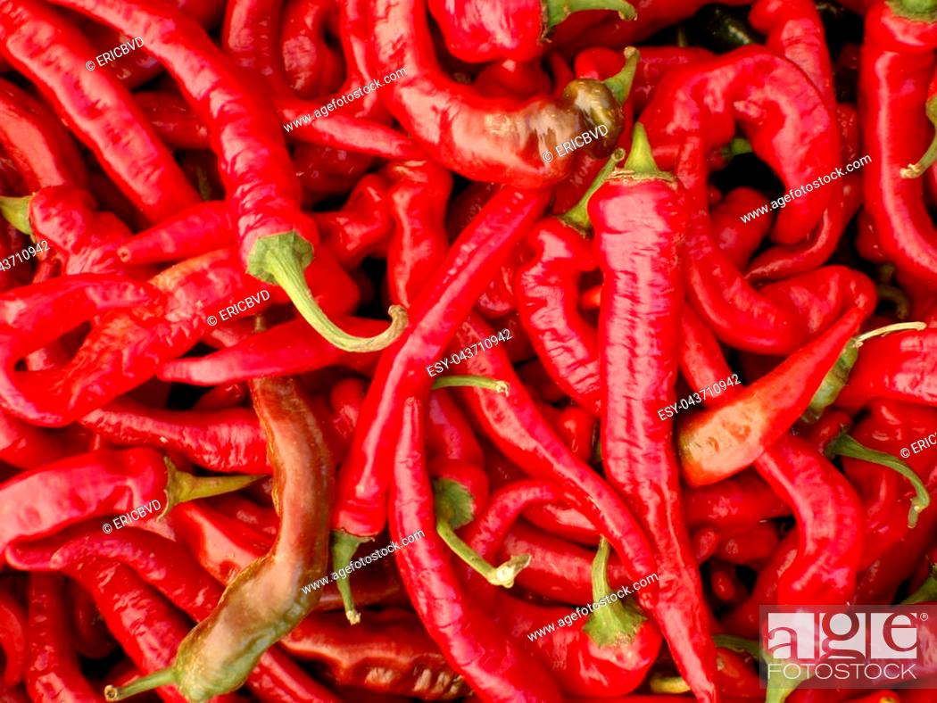 Stock Photo: Long Hot Red Peppers for sale at Farmers Market in San Francisco.