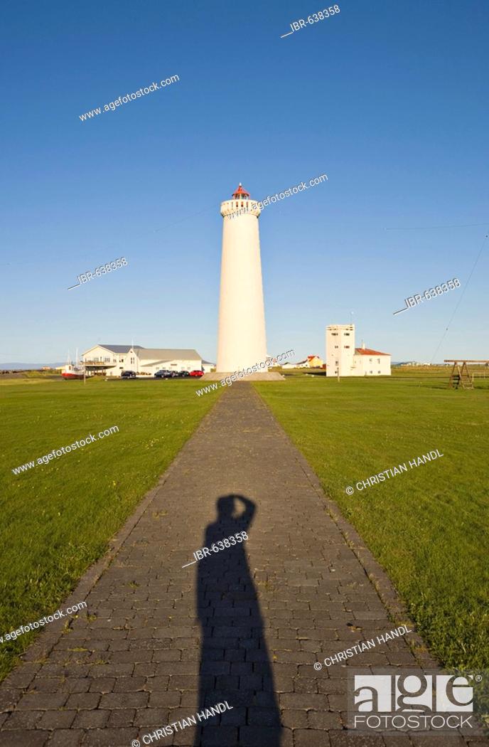 Stock Photo: Garðskagi Lighthouse, tallest in Iceland, Garður, Iceland, Atlantic Ocean.